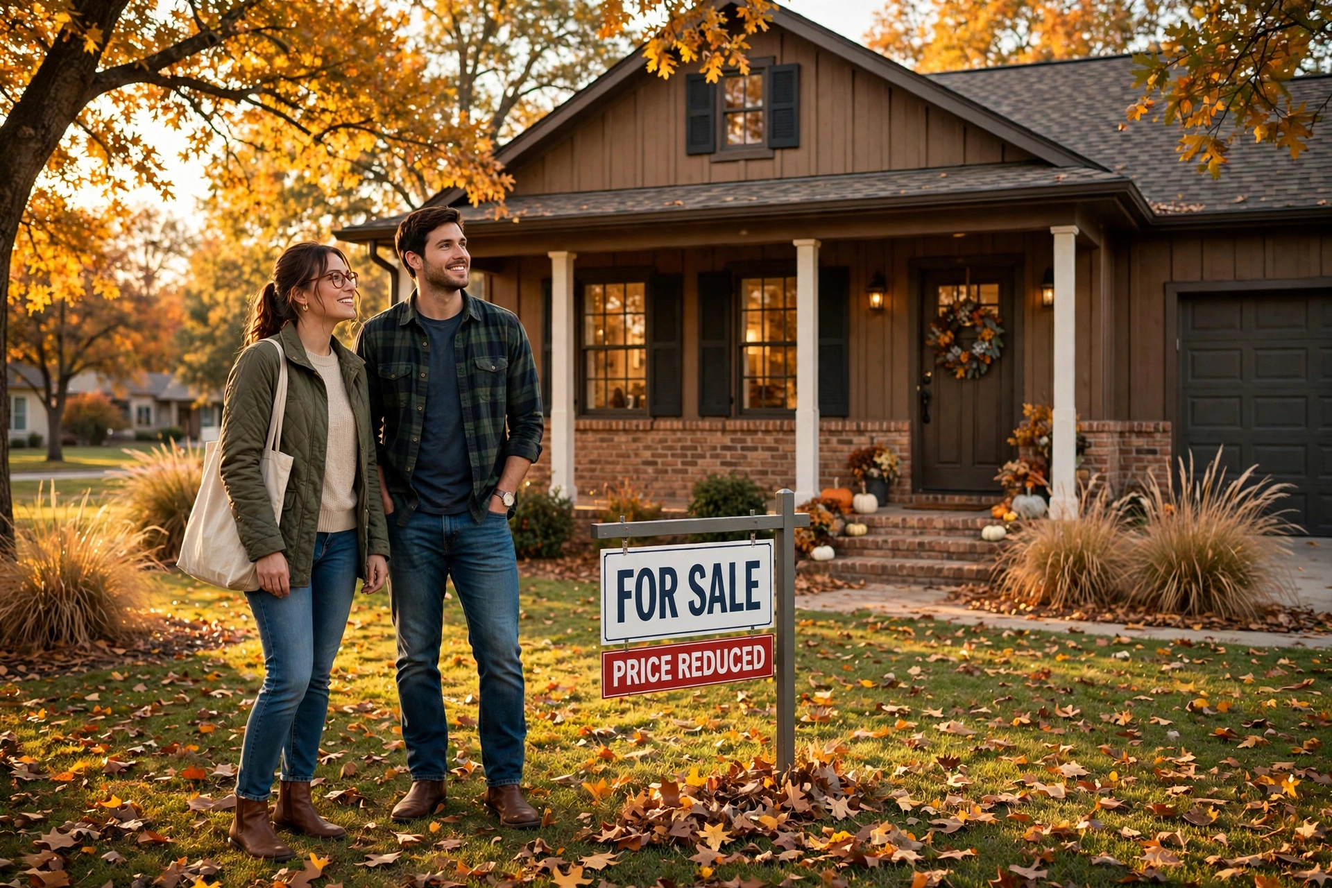 Couple in front of a house with a price reduced sign in autumn